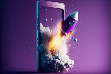 Wall Mural - rocket coming out of mobile phone screen on purple background, startup concept, generative ai