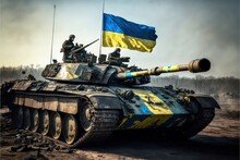 Battle Tank, Ukraine Flag. Military Heavy Vehicle. Army Equipment For War And Defense.  