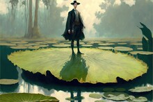 Young Man On Giant Lily Pad Leaf In Fantasy Swamp , Digital Art Style, Illustration Painting, Fantasy Concept Of A Young Man On Giant Lily Pad Leaf