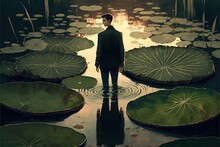 Young Man On Giant Lily Pad Leaf In Fantasy Swamp , Digital Art Style, Illustration Painting, Fantasy Concept Of A Young Man On Giant Lily Pad Leaf
