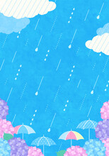 雨と傘とあじさいの梅雨のポップなベクターイラスト背景