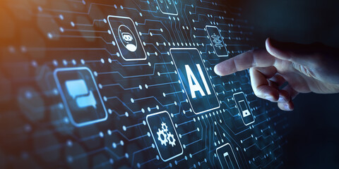 Artificial intelligence and machine learning technology with finger touching AI processor on electronic circuit. Engineer working with chatbot, smart assistant, innovative neural network and data.