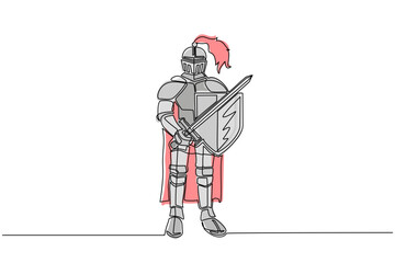 Wall Mural - Single continuous line drawing medieval knight in armor, cape, helmet with feather. Warrior of middle ages standing and holding sword and shield. Chivalry figure. One line draw design graphic vector