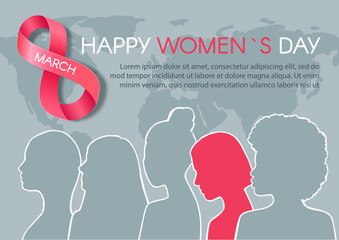 Wall Mural - Happy Women's Day poster. Postcard with an inscription and different women. Flat vector modern illustration.