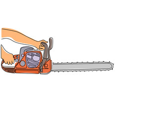 Poster - Single one line drawing hand holding chainsaw. Industry job equipment for strong man. Professional machine. Lumberjack tool. Woodcutter saw. Wood forester cutter. Continuous line draw design vector