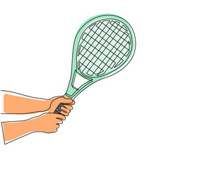 Sticker - Single one line drawing player hand holding tennis racket. Sport equipment tennis racquets. Sporting goods for championship. Outdoors summer activity. Modern continuous line draw design graphic vector