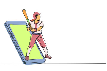 Wall Mural - Continuous one line drawing woman baseball player ready to hit the ball getting out of smartphone screen. Mobile sports play matches. Online baseball game mobile app. Single line draw design vector