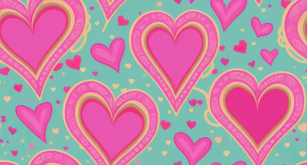Wall Mural - Pink illustrated detailed hearts on blue background tile pattern Generative AI Illustration