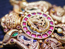 Bangalore, India 31st January 2023: Traditional Gold Ornaments With Marvelous Stones And Intricate Designs. Temple Gold Jewellery.