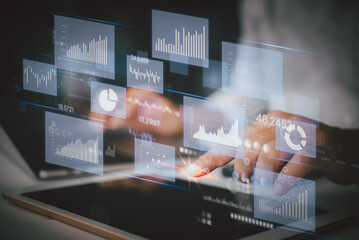 Business intelligence dashboard Big data diagram graph analysis and strategy virtual screen. Business analyzing economic and investment finance and marketing planning concept.