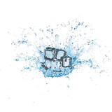 3d ice cubes with water splash transparent, clear blue water scattered around isolated. 3d render
