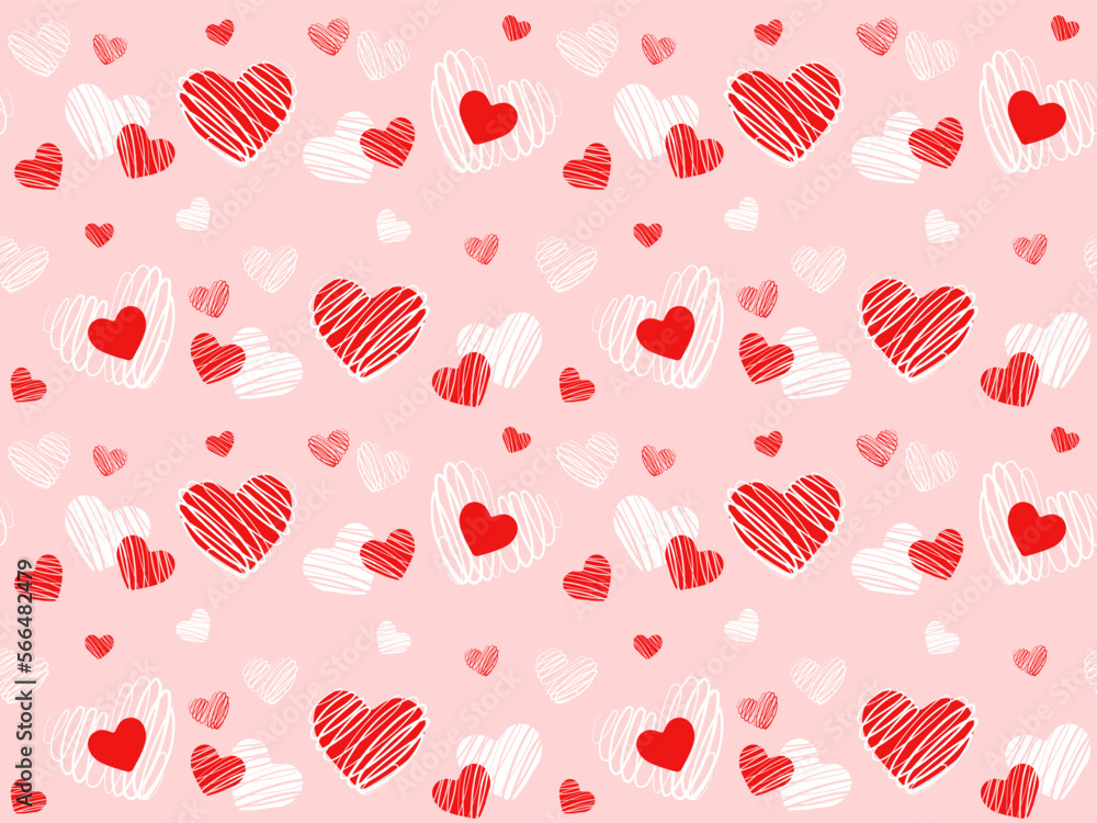 Seamles pattern with cute red and white doodle hearts on pink ...