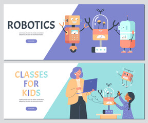 robotics and programming classes for kids flyers set, flat vector illustration.