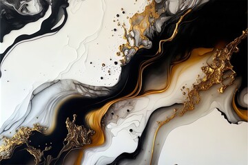 Marble ink abstract art from exquisite original painting for abstract background, color white, gold, black. Painting was painted on high quality paper texture to create smooth background Generative AI