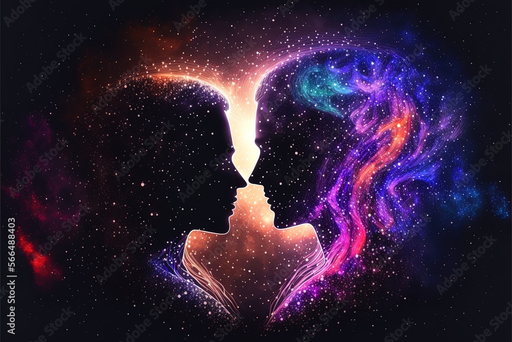 Man and woman silhouettes at abstract cosmic background. Human souls ...