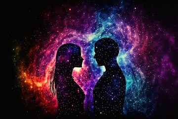 Man and woman silhouettes at abstract cosmic background. Human souls couple in love. Astral body, esoteric and spiritual life concept Generative AI