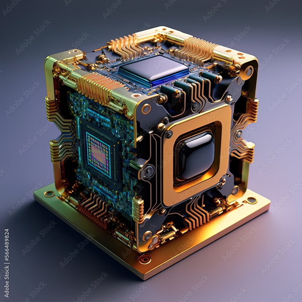 Generative AI a quantum chip, A futuristic glowing CPU quantum computer ...