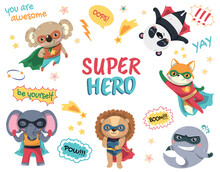 Superheroes Animals Banner. Graphic Element For Website. Lion, Fox, Koala, Panda, Dolphin And Elephant Wearing Capes And Masks With Speech Bubbles. Comic Book Design. Cartoon Flat Vector Illustration