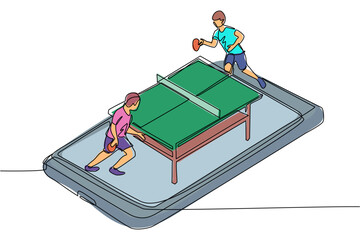 Single continuous line drawing table tennis court with two players on smartphone screen. Professional sports competition: table tennis players during match, mobile app. One line draw design vector