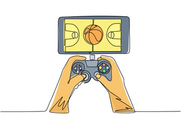 Wall Mural - Single one line drawing smartphone connected with gamepad and playing basketball games. Mobile basketball. Mobile e-sports play match. Modern continuous line draw design graphic vector illustration