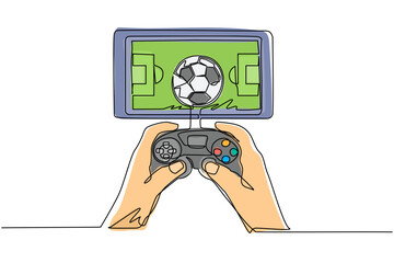 Wall Mural - Single continuous line drawing smartphone connected with gamepad and playing football games. Online football games. Smartphone applications. Mobile football. One line draw design vector illustration