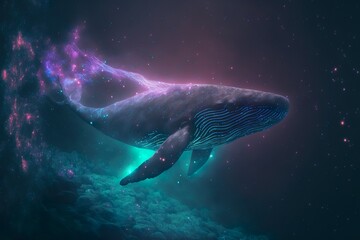  Whale in neon space with particle dust. generative ai