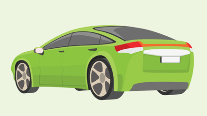 Wall Mural - Vector or illustrator cartoon. Perspective of rear side sedan car green color. on isolated green background.