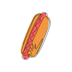 Wall Mural - Continuous one line drawing hot dog. Fast food cooked sausage of hot dog in sliced bun. Fast food for poster, menus, brochure, web, icon fast food. Single line draw design vector graphic illustration