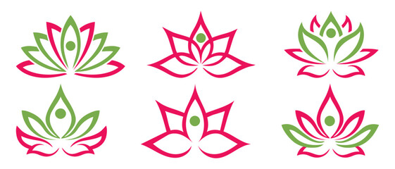 Wall Mural - Set of lotus flowers. Lotus flower icons. Lotus flower. Lotus symbol illustration icons. Pink silhouettes of lotus flowers. Vector