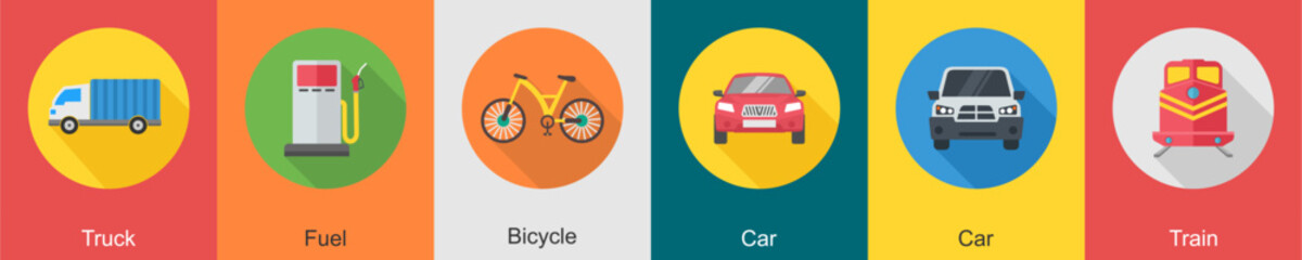 A set of 6 transport icons as truck, fuel, bicycle