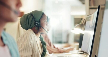 Poster - Tired, yawn and call center woman in office at night for telemarketing, customer service and crm consulting. Exhausted, sleepy and overworked muslim telecom agent with burnout, fatigue and help desk
