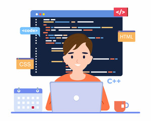 Wall Mural - programmer, developer, engineer with laptop and writing code at computer, creates software.
