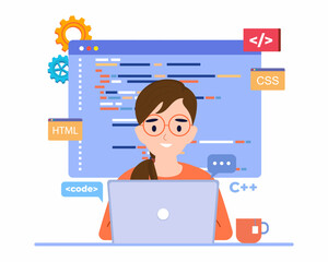 Wall Mural - developer is sitting with laptop, young programmer concentrated at programming and create software.
