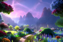 A Mystical And Enchanting Environment Of A Cave Awash With Radiant Light, Surrounded By Towering Trees With Blooming Flowers And Glowing Neon Insects. Landscape With Rainbow