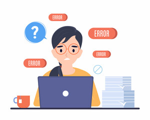 Developer sitting in front of laptop computer screen with error, Programmer with wrong code, feel sad with error message on computer.