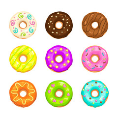 Wall Mural - Set of cartoon colorful donuts. Top view.