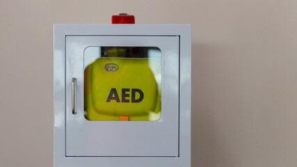 First aid box cardiopulmonary resuscitation using automated external defibrillator device, AED. First aid box for safety reason at Airport.