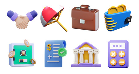 3d business icon set. Calculator, safe, wallet with money, briefcase, umbrella, shield, cash receipt, handshake. 3d Rendering