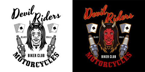 Biker club vector emblem, logo, badge, label, sticker or print with devil girl head and spark plugs. Illustration in two styles black on white and colorful on dark background