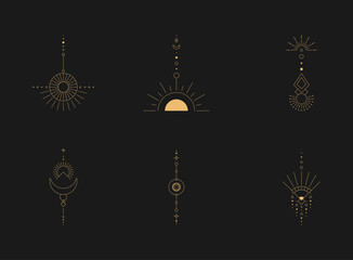 Wall Mural - Set of moon and sun line art. Minimal boho linear symbols. Celestial mystic element. Vector line art illustration.