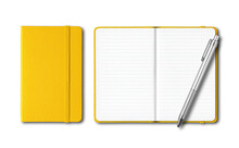 Yellow Closed And Open Lined Notebooks With A Pen Isolated On Transparent Background