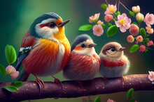 Happy Birds On The Tree In Spring. Generative AI.