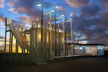 Industrial water treatment facilities. Water disinfection station in evening. Mezzanine and giant steel tanks near building. Station for providing city with drinking water. 3d rendering.