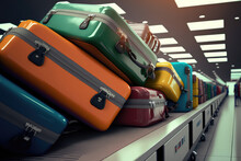 A Mountain Of Stacked Suitcases In The Arrivals Hall Of An Airport. The Concept Of Protest, Strike.Generative AI. 