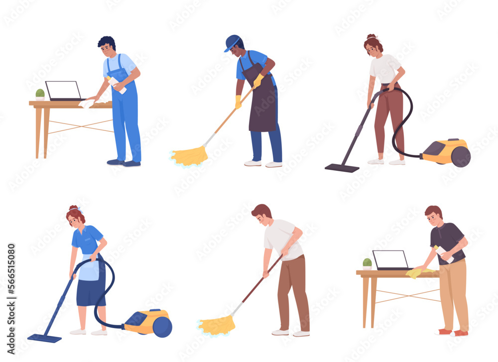 Workers cleaning house and commercial property semi flat color vector ...