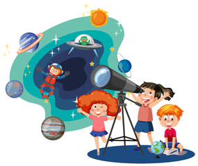 Wall Mural - kids observing planets with telescope