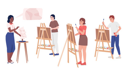 Canvas Print - Art teacher giving talk about painting for students semi flat color vector characters. Editable full body people on white. Simple cartoon style illustration for web graphic design and animation