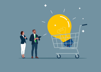 Business people buy idea. Presenting a young people with shopping cart containing light bulb idea. Business development and strategy or New business project start up. Flat vector illustrator.