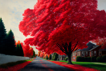 illustration of red maple tree covering the road generative ai