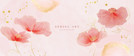 Wall Mural - Abstract spring floral art background vector illustration. Watercolor botanical flower and gold brush line art texture. Luxury design for wallpaper, poster, banner, card, print, web and packaging.
